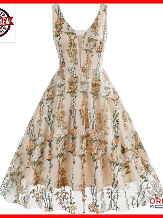 Dresses & Skirts - Sleeveless Floral Embroidery Mesh Midi Dress Plunge Neckline Formal
